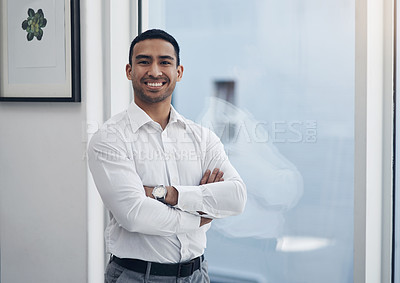 Buy stock photo Portrait, business and man with arms crossed, window and employee with confidence, startup success and career. Male person, happy agent or entrepreneur in a modern office, professional and happiness