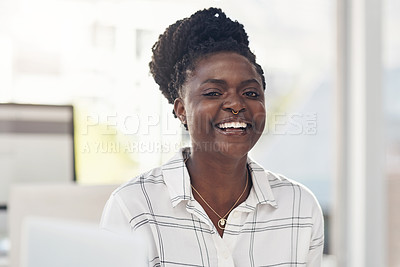 Buy stock photo Portrait, smile and creative african woman worker in office happy with New York affirmative action. Professional, startup business and company receptionist for workplace laugh and job internship