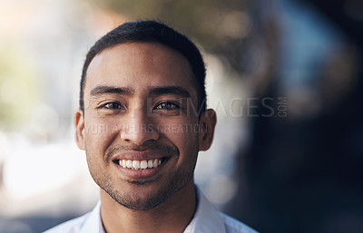Buy stock photo Happy, smile and portrait of business man in city for mockup space, career or professional. Happiness, mindset and pride with face of Indonesia male employee for corporate, entrepreneur and natural