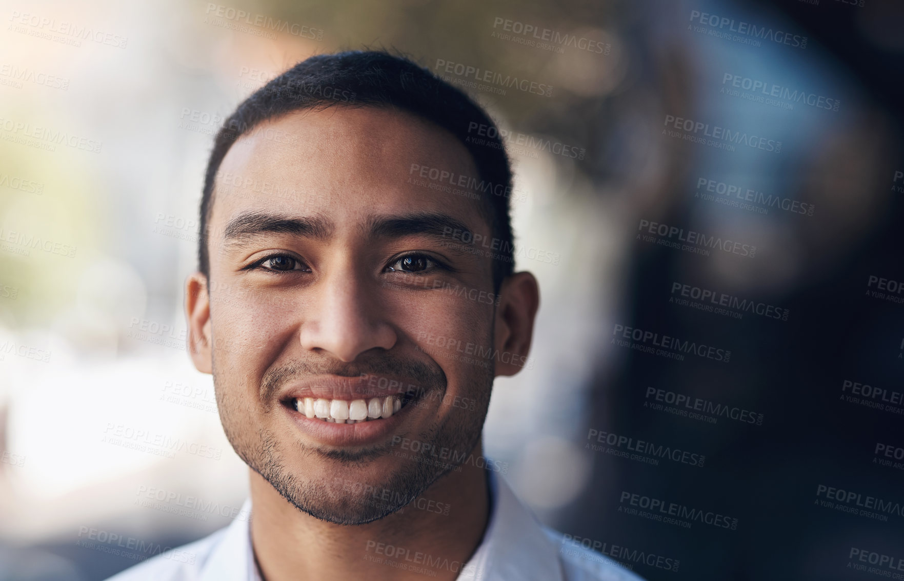 Buy stock photo Happy, smile and portrait of business man in city for mockup space, career or professional. Happiness, mindset and pride with face of Indonesia male employee for corporate, entrepreneur and natural