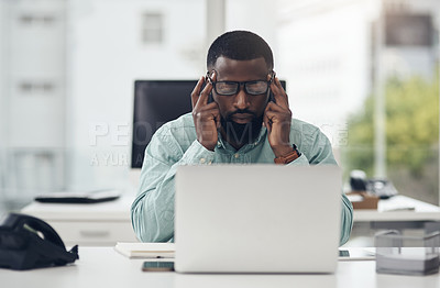 Buy stock photo Thinking, stress and business man on laptop with headache,  brain fog and mental health risk for information technology. Anxiety, fatigue or tired african person on computer problem, fail or burnout