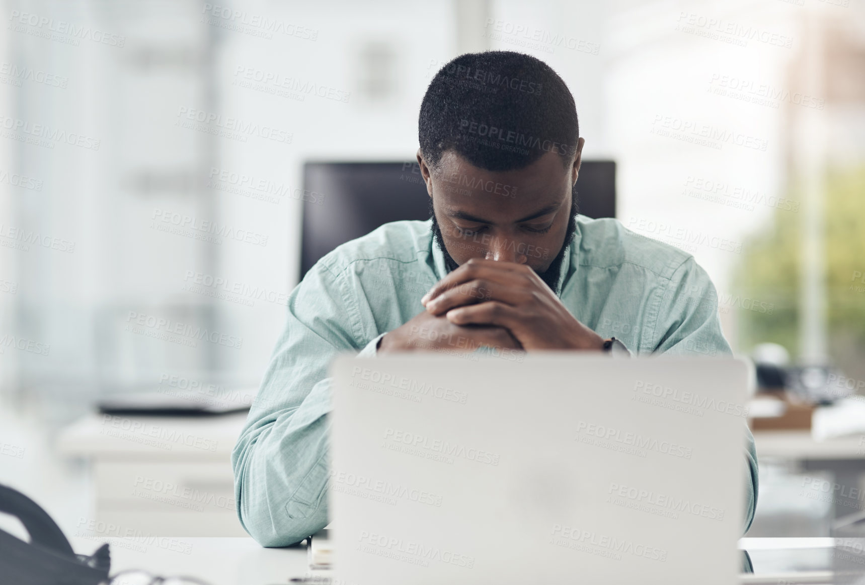 Buy stock photo Thinking, stress and business man on computer with mental health risk, sad or depression for online news or mistake. Anxiety, fatigue or tired african person on laptop problem, wrong email or burnout