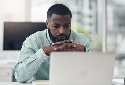 Buy stock photo Thinking, focus and man on laptop in office for solution, research and serious job decision or planning. Reading, review and choice of african person or business analyst on computer problem solving