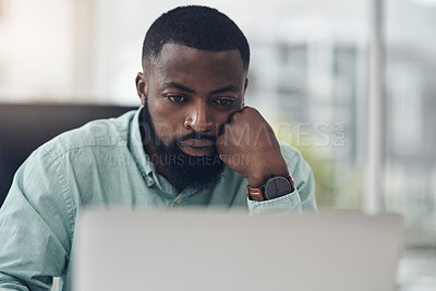 Buy stock photo Office, reading and black man with laptop, website review or online report for business opportunity. Networking, internet and businessman with computer, checking email or feedback article at desk.