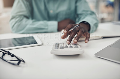 Buy stock photo Hands, business and man with calculator, financial planning and budget for savings and investment. Person, employee and accountant with taxes and counting for profit growth and economy with numbers