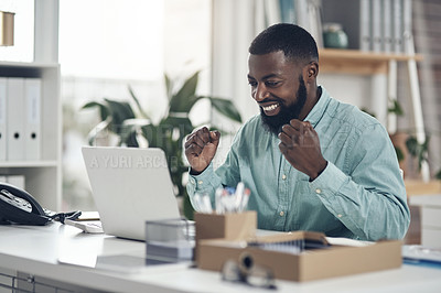 Buy stock photo Black man, success and laptop to celebrate business profit, win or achievement in a modern office. African male entrepreneur at a desk with motivation and technology for bonus, victory and promotion