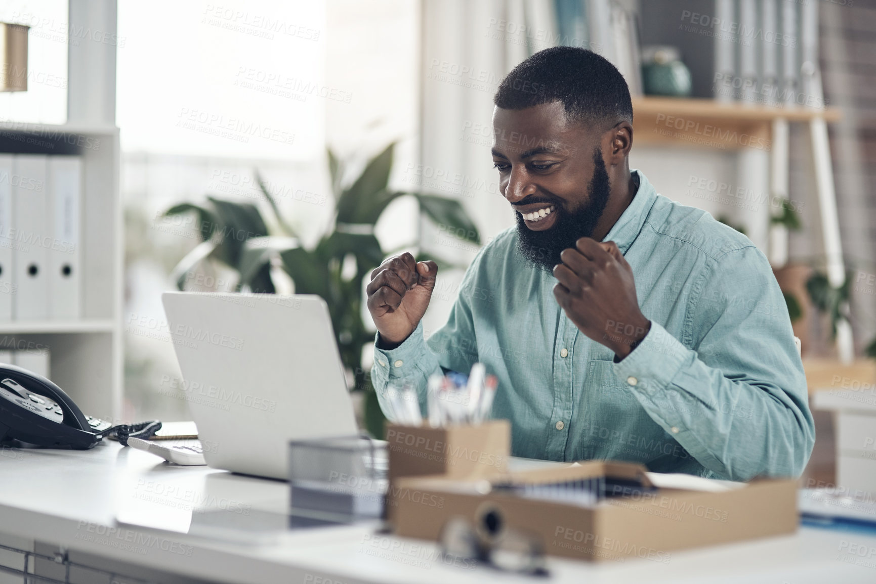 Buy stock photo Black man, success and laptop to celebrate business profit, win or achievement in a modern office. African male entrepreneur at a desk with motivation and technology for bonus, victory and promotion