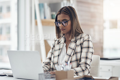 Buy stock photo Laptop, copywriter and business woman typing in office workplace. Writer, computer and female Indian person reading, working and writing email, report or proposal, research online or planning project