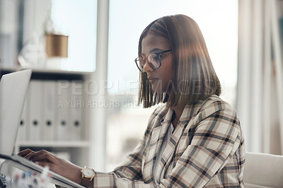 Buy stock photo Laptop, editor and business woman typing in office workplace. Writer, computer and female Indian person reading, working or writing email, report or proposal, research online or planning project.