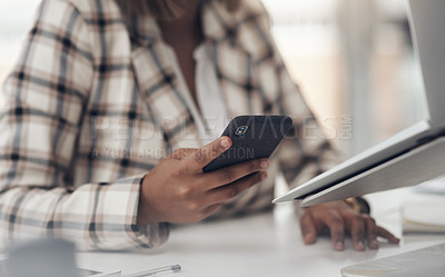 Buy stock photo Hand, phone and woman in office typing email online, internet or app for startup business. Communication, contact and female designer reading creative research on cellphone for career in workplace.