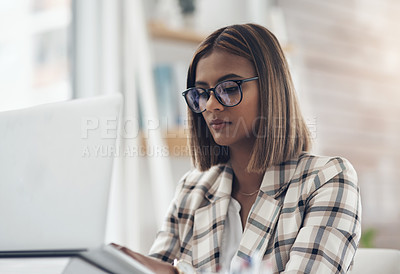 Buy stock photo Copywriting, laptop and business woman typing in office workplace. Writer, computer and female Indian person reading, working or writing email, report or proposal, research online or planning project