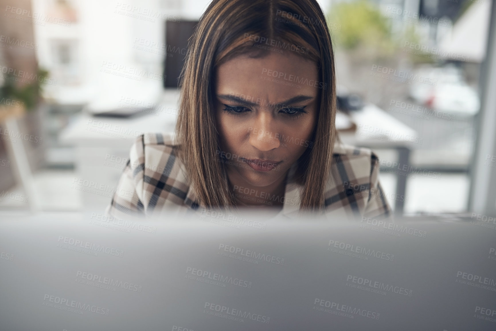 Buy stock photo Business, focus and woman with a laptop, confused and thinking with a deadline, project and connection. Female person, employee and agent with concentration, decision and professional with choice
