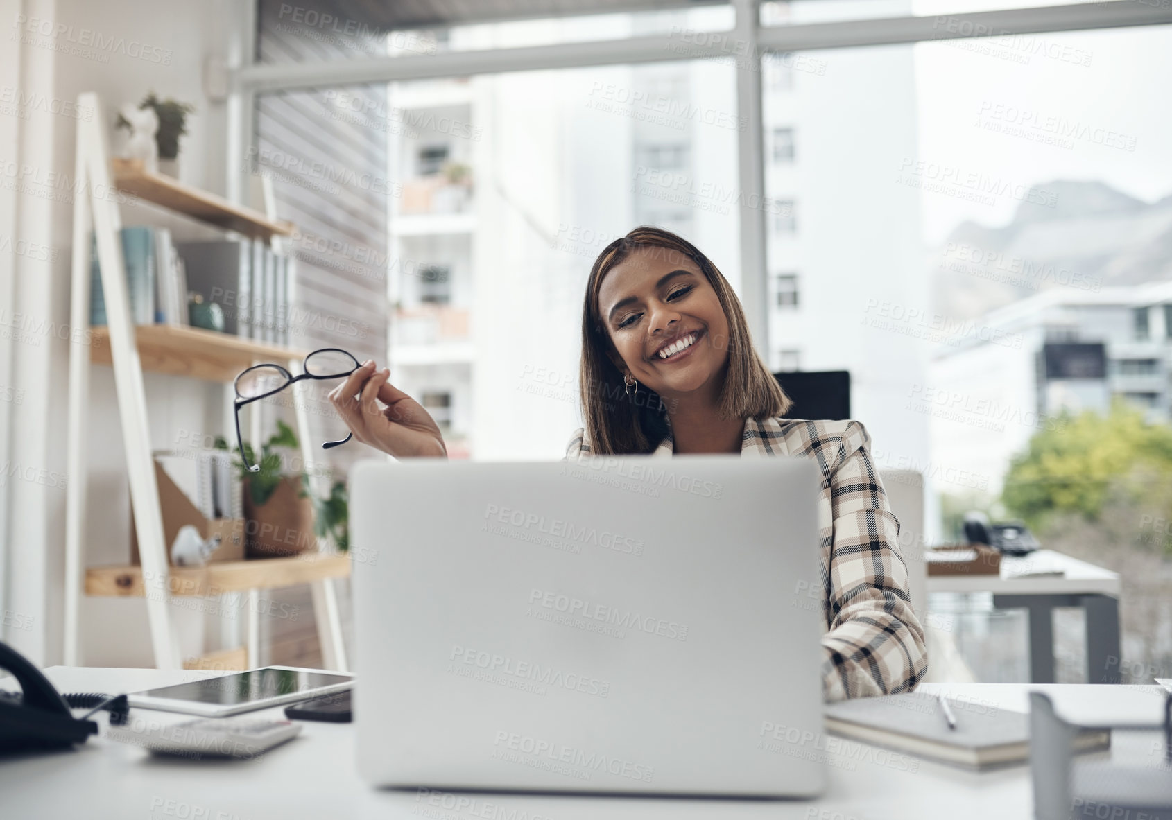 Buy stock photo Creative, business and woman with a laptop, connection or digital planning with web design, search internet or happiness. Female person, entrepreneur or employee with a pc, technology or website info