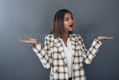 Buy stock photo Business, woman and hands with decision in presentation, surprise information and news on grey background. Comparison, versus or wow choice for professional opportunity or deal with scale or balance