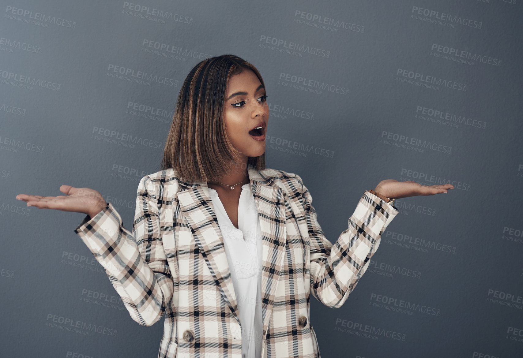Buy stock photo Business, woman and hands with choice in presentation, surprise information and news on grey background. Comparison, versus or decision, wow for professional opportunity or deal with scale or balance