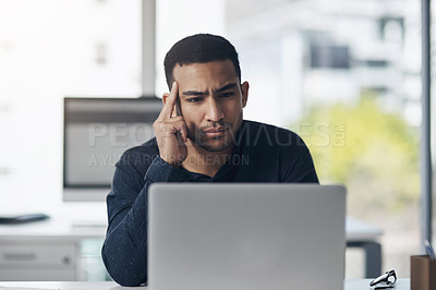 Buy stock photo Employee, confused or man with a laptop, tired or doubt with internet connection, glitch or error. Male person, professional or entrepreneur with fatigue, pc or frustration with burnout or exhaustion