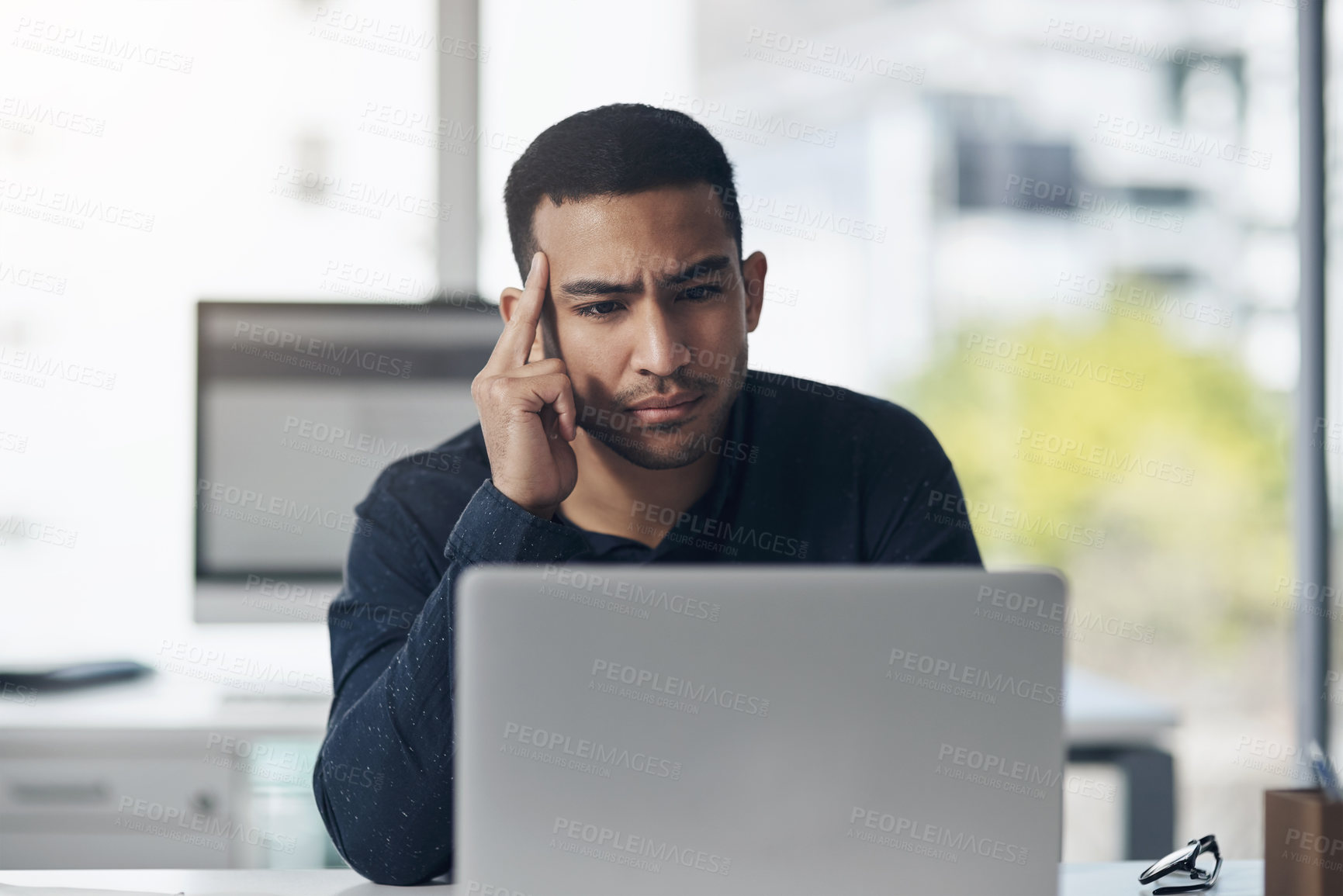 Buy stock photo Employee, confused or man with a laptop, tired or doubt with internet connection, glitch or error. Male person, professional or entrepreneur with fatigue, pc or frustration with burnout or exhaustion