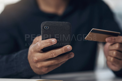 Buy stock photo Phone, credit card and man hands for online shopping, e commerce or fintech payment for business discount. Typing, loan and person or entrepreneur for internet banking, mobile app and web transaction