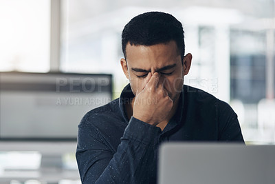 Buy stock photo Stress, headache and business man on computer for online mistake, frustrated and mental health risk or depression. Anxiety, job burnout and pain or tired person with problem, migraine or depressed