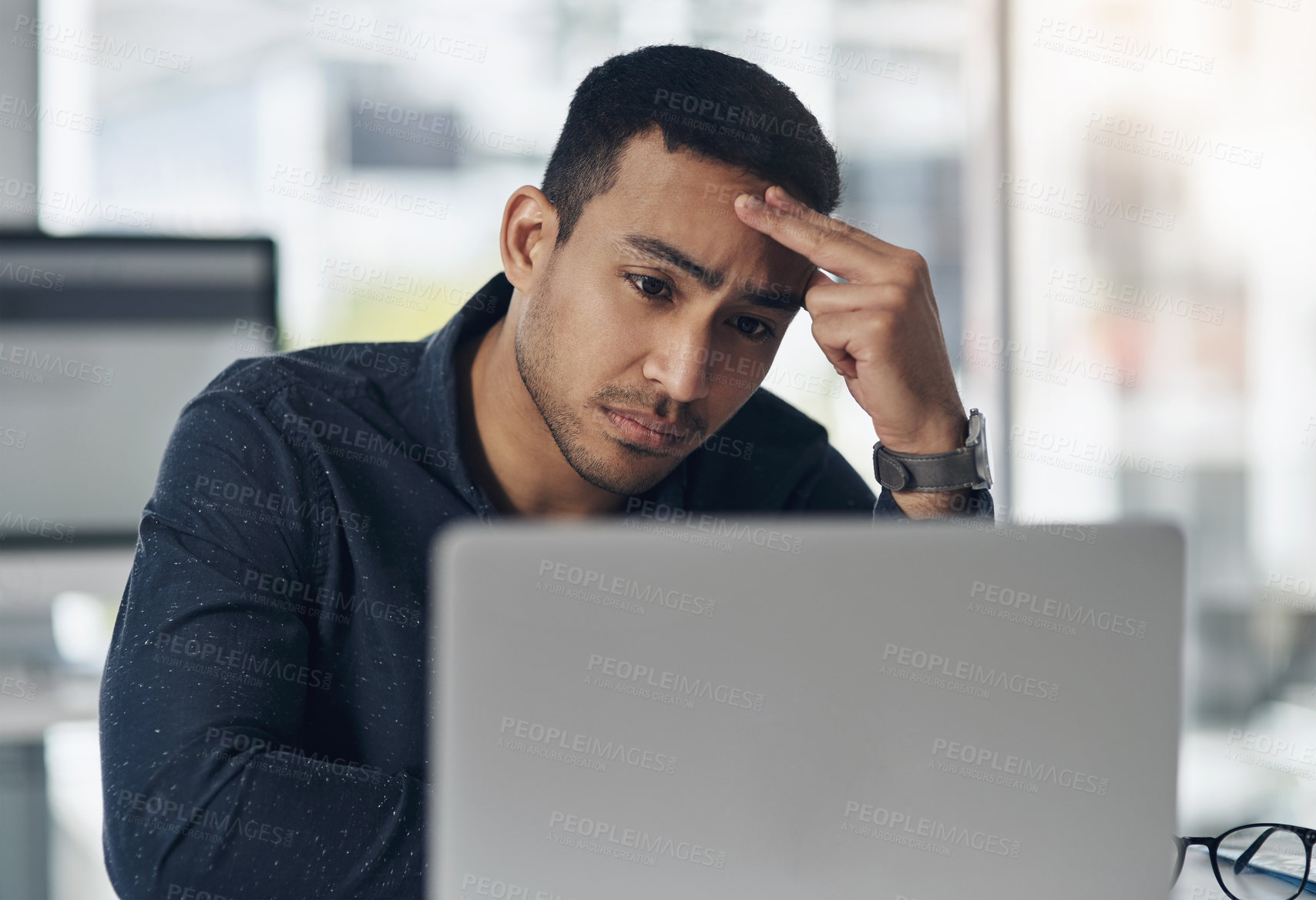 Buy stock photo Business, confused and man with fatigue, laptop and tired with internet connection, glitch and mistake. Male person, employee and entrepreneur tired, pc and error with frustration, decision and doubt