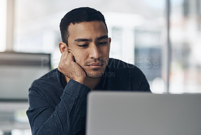 Buy stock photo Business, laptop and man with stress, tired and burnout with a project, deadline and connection. Male person, employee or entrepreneur with pc, glitch and bored with fatigue, exhaustion or depression