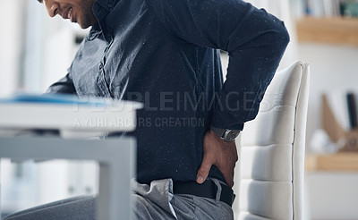 Buy stock photo Tired, back pain and stress with business man in office for problem, frustrated and muscle fatigue. Burnout, tension and body with closeup of male employee for spine injury, accident and emergency