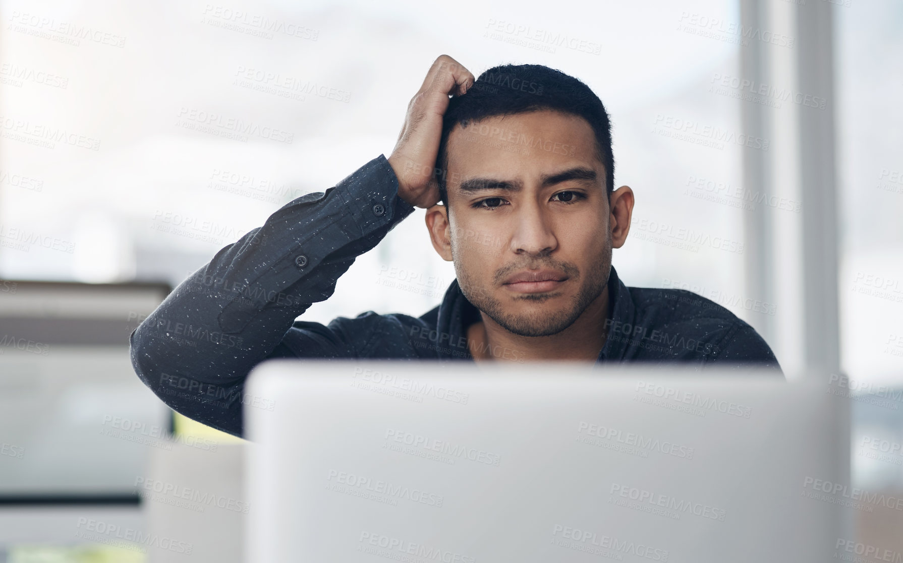 Buy stock photo Business, confused and man with a laptop, stress and schedule with internet connection, thinking and online reading. Male person, employee and entrepreneur with a pc, anxiety and glitch with error