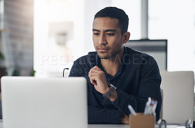 Buy stock photo Thinking, news and report with a man journalist working in his management office at the editing agency. Review, journalism and idea with a young male editor at work on an article for reporting