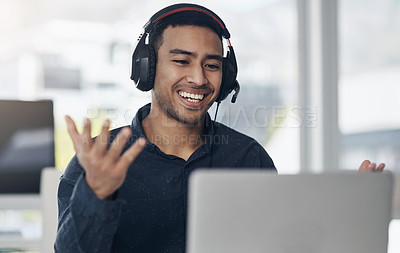Buy stock photo Video, call center and man, agent or consultant in office online meeting, virtual communication or telecom on laptop. Business worker or happy young person consulting, speaking or advice on computer