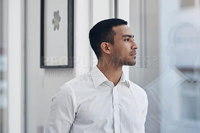 Buy stock photo Planning, window and profile of businessman in office with thinking, brainstorming or decision. Choose, ideas and professional male financial advisor with question, doubt or uncertainty in workplace.