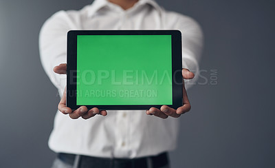 Buy stock photo Green screen, tablet and business man hands for advertising, space and website design isolated on studio background. Professional person on digital technology mockup for career marketing and internet