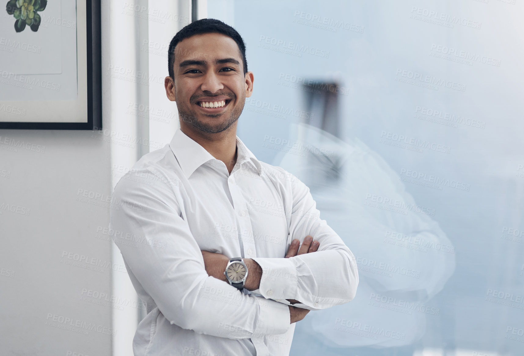 Buy stock photo Portrait, business and Asian man with arms crossed, window and corporate goals with accountant and smile. Face, person and happy employee with career ambition and startup with pride and professional