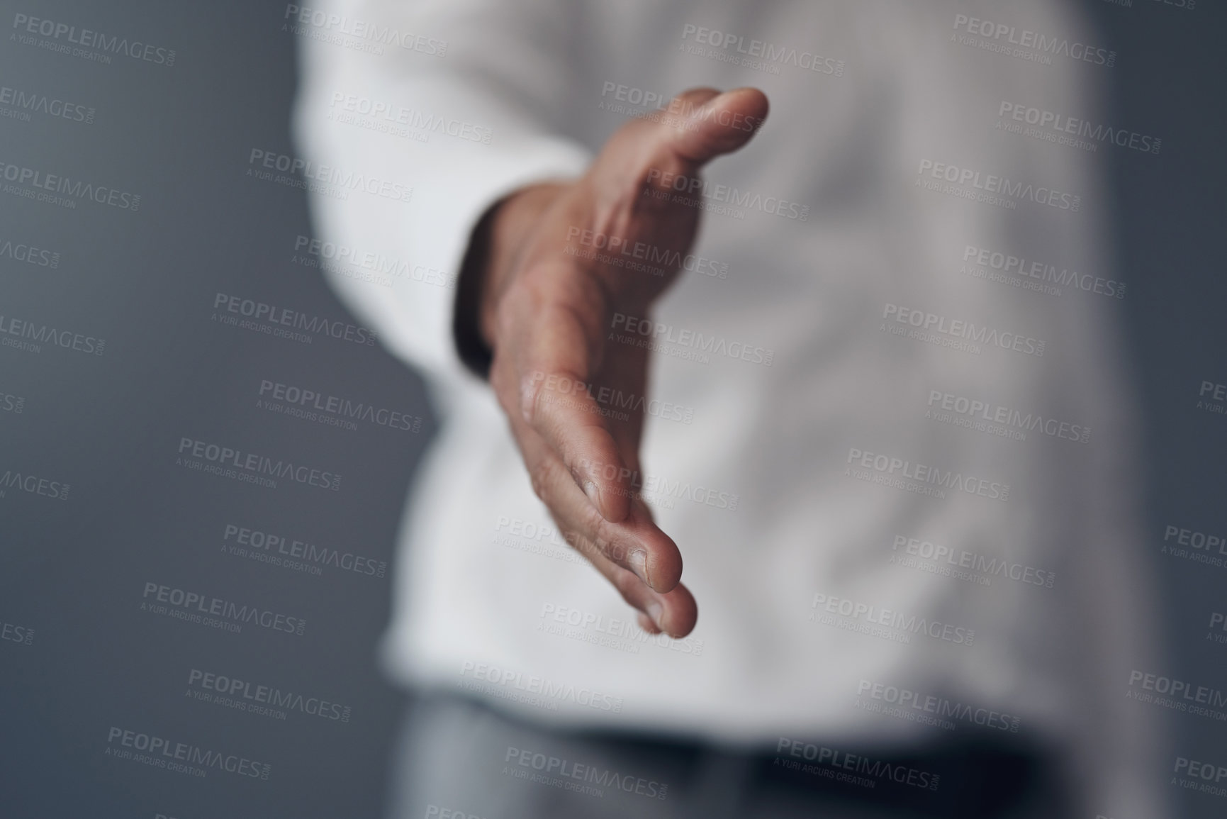 Buy stock photo Person, handshake and agreement for partnership with trust, welcome or introduction with politician campaign for election. Respect, support and meeting with political endorsement on grey background