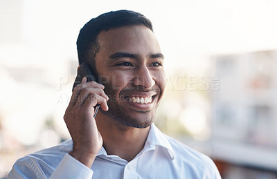 Buy stock photo Phone call, business and happy man in city communication, networking and contact, feedback or advice. Professional asian person or corporate worker listening and talking on mobile chat outdoor