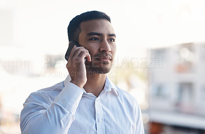 Buy stock photo Phone call, advice and businessman on balcony for networking, communication and opportunity. Conversation, negotiation and man with smartphone, listening and planning  agenda for consulting business.