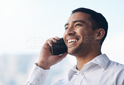 Buy stock photo Happy businessman, phone call and smile outdoor for communication and marketing with network. Face of asian male entrepreneur with mockup space for conversation, technology and connection or contact