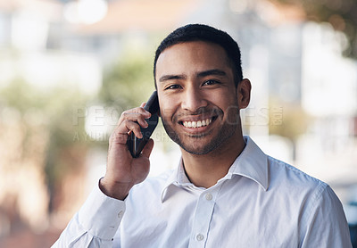 Buy stock photo Phone call, portrait and businessman on balcony for networking, communication and opportunity for advice. Conversation, negotiation and happy man with smartphone, planning and consulting in business.