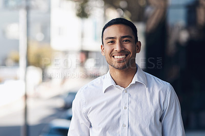 Buy stock photo Happy, smile and portrait of business man in city for corporate, professional and natural. Happiness, entrepreneur and pride with face of male employee in outdoors for mindset, career and positive