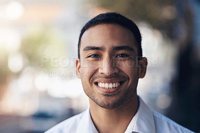 Buy stock photo Happy, portrait of a businessman and smile in a mockup space in Mexico. Happiness or enjoyment, confident or proud man and cheerful or excited male person in urban street smiling for good news