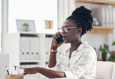 Buy stock photo Talking, phone call and business woman with communication, planning and management advice in office. Speaking, problem solving and feedback of african person or employee on mobile app for discussion