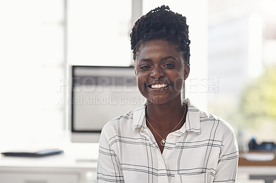 Buy stock photo Business, smile and portrait of black woman in office for you, pride and career at creative company. Happy, graphic designer and face with confidence for job, working and positivity at agency