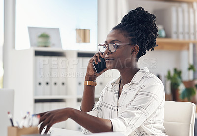 Buy stock photo Speaking, phone call and business woman for communication, planning and management advice in home office. Talking, problem solving and remote work of african person or worker on mobile for discussion