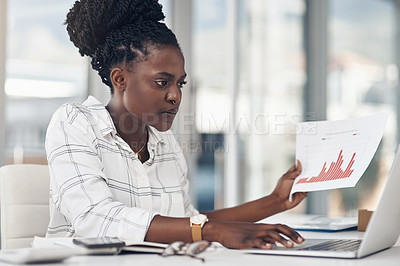 Buy stock photo Laptop, documents and woman with data analysis, seo research or website statistics review, focus and planning. Financial analytics and paperwork of african person on computer, web charts and graphs