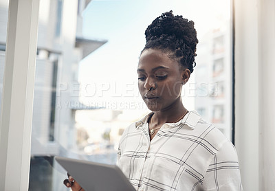 Buy stock photo Business, black woman and tablet with typing, internet or contact with digital app or social media. African person, employee or consultant with tech or online reading with message, texting or network