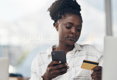 Buy stock photo Business, smartphone and woman with a credit card, payment and ecommerce in a modern office. Female person, employee or agent with transaction, cellphone and online shopping with customer and client