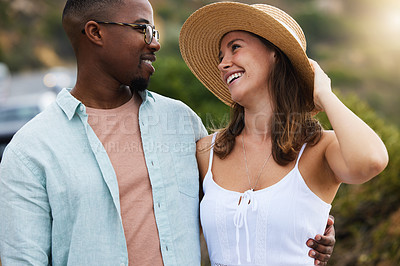 Buy stock photo Interracial couple, road trip and love for hug in nature, travel and countryside for vacation in Brazil. Adventure, people and happy outdoor in summer for holiday, journey and smile together