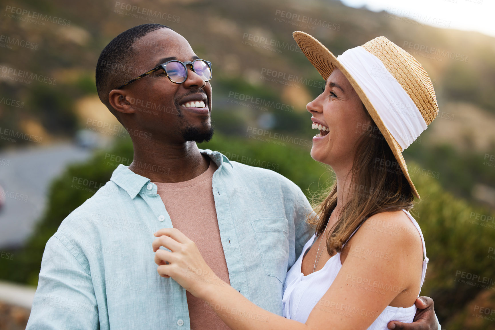 Buy stock photo Interracial couple, travel and funny for hug in nature, environment and countryside for vacation in Brazil. Adventure, people and happy outdoor in summer for holiday, break and comic together