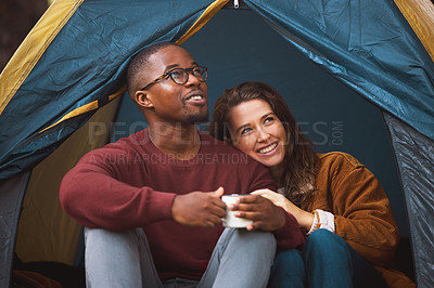 Buy stock photo Camping, nature and couple embrace in tent with morning drink, happy vacation or romantic date. Relax, man and woman bonding together on holiday with coffee, hug and calm outdoor adventure in woods.