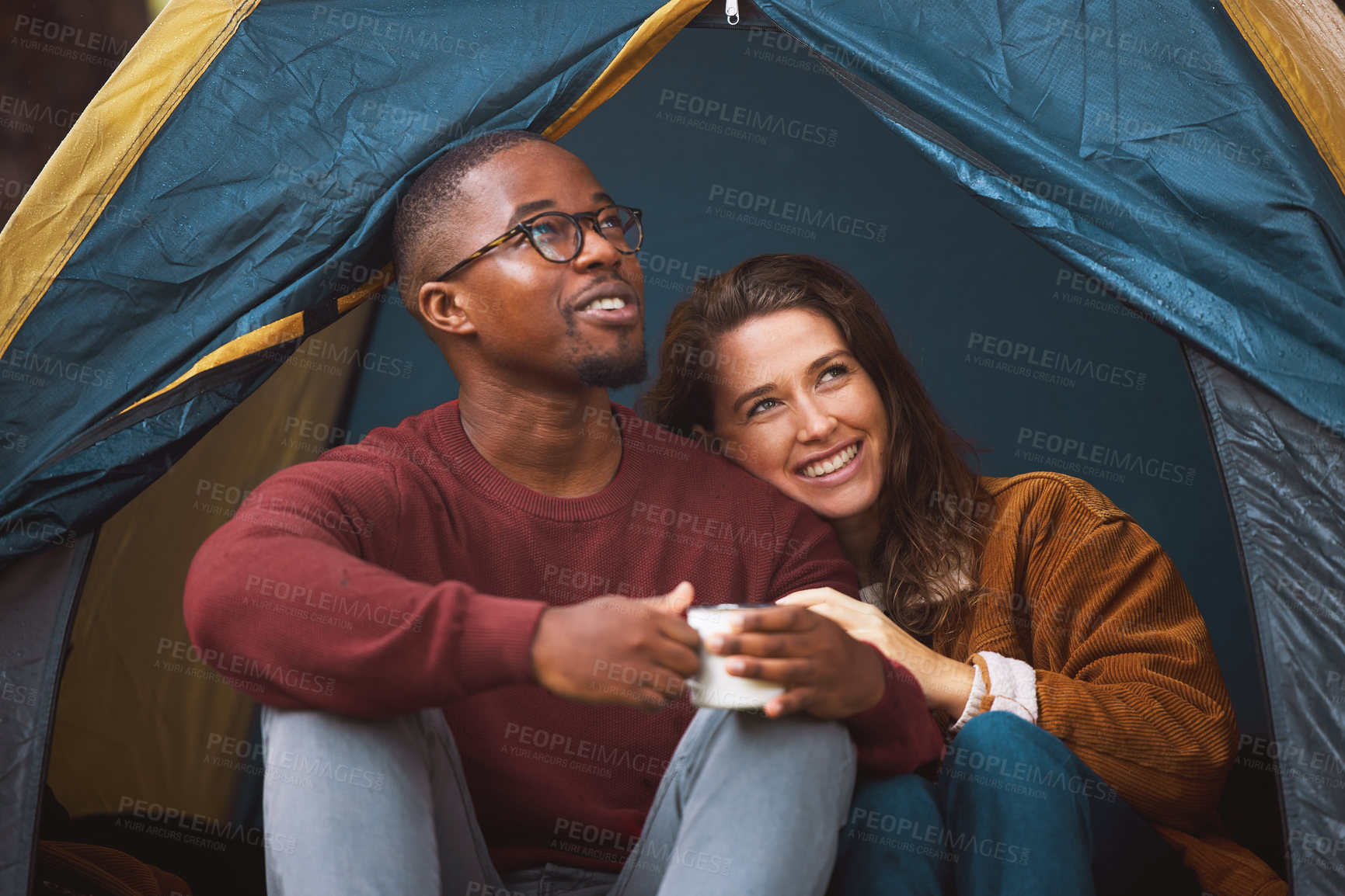 Buy stock photo Camping, nature and couple embrace in tent with morning drink, happy vacation or romantic date. Relax, man and woman bonding together on holiday with coffee, hug and calm outdoor adventure in woods.