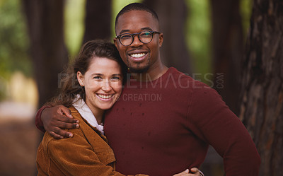 Buy stock photo Love, portrait and couple hug in outdoor for camping in wilderness on anniversary date in Norway, countryside. Interracial people, travel and holiday or vacation in forest for peace and adventure.